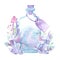 Watercolor magic bottle with crystals and floral elements. Glass perfume flask, elixir or poison.