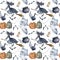 Watercolor magic Halloween pattern. Hand painted Halloween symbols on white background. Pumpkins, witch hat, candy