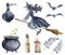 Watercolor magic set. Hand painted witch on broomstick, bottle of poison, cauldron with potion, broom, candle, finger