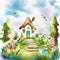 Watercolor of Magical house with mushrooms in cartoon style created by