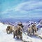 Watercolor mammoths walking in a snowy mountain landscape