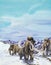 Watercolor mammoths walking in a snowy mountain landscape