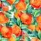 Watercolor mandarine orange fruit branch with leaves seamless pattern