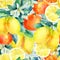 Watercolor mandarine orange and lemon fruit branch with leaves seamless pattern