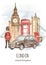 Watercolor map with England phone booth, big ben, tower bridge, british guard, taxi, United Kingdom postcard