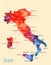 Watercolor map of Italy with cities. Stylized image with spots and splashes of paint