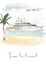 Watercolor map Time to travel with seascape, yacht, airplane, palm tree