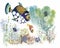 Watercolor Marine life background with Tropical fish