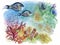 Watercolor Marine life background with Tropical fish