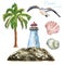 Watercolor marine nautical illustration. Set of beach elements- lighthouse, palm tree, seashells, seagull, isolated. Summer