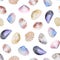 Watercolor marine seamless pattern with sea shells