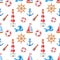 Watercolor marine seamless pattern with wooden ship,anchor,Lifebuoy,steering wheel.Watercolour summer illustration