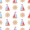 Watercolor marine seamless pattern with wooden ship,steering wheel.Watercolour summer illustration with sea symbols on a