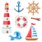 Watercolor marine set of wooden ship,anchor,lighthouse,Lifebuoy,steering wheel.Watercolour summer illustration