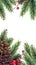 Watercolor marker Christmas New Year holiday composition decor: fir tree branches, cones, red berries, garnet background frame