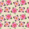 Watercolor marsh plants and herbs seamless pattern with pink water lilies on a beige