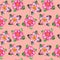 Watercolor marsh plants and herbs seamless pattern with pink water lilies on pink