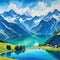 A watercolor masterpiece illustrates the Alps and a beautiful