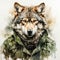 Watercolor masterpiece portrays a wolf in a cloak with captivating paint splashes