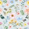 Watercolor meadow flowers seamless pattern. Wildflowers, bees and butterfly on light blue background