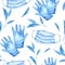 Watercolor medical equipment, Medical masks, blue gloves, seamless pattern