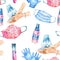 Watercolor medical equipment seamless pattern, Medical masks, blue gloves, hand washing