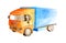 Watercolor medium truck with blue body and orange cabin on a white background isolated