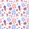 Watercolor memorial day and 4th of July seamless pattern with hand painted red, white, blue fireworks,stars, balloons.