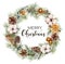 Watercolor Merry Christmas floral wreath. Hand painted fir border with cones, cotton, orange slices, bells, cinnamon