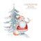 Watercolor Merry Christmas illustration with snowman, christmas tree, santa holiday invitation. Christmas gift