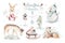 Watercolor Merry Christmas illustration with snowman, holiday cute animals deer, rabbit. Christmas celebration cards