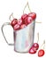 Watercolor metal mug with reflections full of red cherries