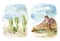 Watercolor mexican landscapes set. Hand painted card with desert cactus, sky, clouds and mountain. Botanical