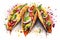 Watercolor Mexican tacos with meat and vegetables on white background. Traditional Latin American, Mexican food, cuisine. AI