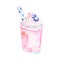 Watercolor milkshake illustration, isolated on white background. Milk cocktail in a glass with cream on top and blueberry.