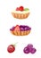 Watercolor mini dessert in tartlets. Berry dessert with cream. Blueberries, lingonberries, strawberries in tartlets