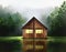 Watercolor of Minimal beautiful wooden house in rainy wooden cabin created by