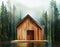 Watercolor of Minimal beautiful wooden house in rainy wooden cabin created by