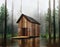 Watercolor of Minimal beautiful wooden house in rainy wooden cabin created by