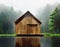 Watercolor of Minimal beautiful wooden house in rainy wooden cabin created by