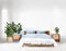 Watercolor of Minimal Scandinavian bedroom with white and blue knit frame poster mock and