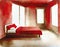 Watercolor of Minimal wooden bedroom in red and