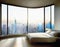 Watercolor of a minimalist bedroom with a view overlooking the city