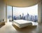 Watercolor of a minimalist bedroom with a view overlooking the city