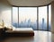 Watercolor of a minimalist bedroom with a view overlooking the city