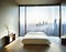 Watercolor of a minimalist bedroom with a view overlooking the city