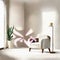 Watercolor of Minimalist beige living room corner with armchair and slim