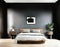 Watercolor of Minimalist dark bedroom with framed posters and paintings on wall