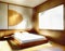 Watercolor of Minimalist Japanese bedroom with white and wood interior design for small