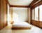 Watercolor of Minimalist Japanese bedroom with white and wood interior design for small